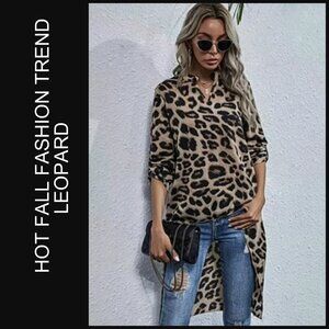 NWOT Leopard Print Asymmetrical Hem Long Top Chic Notched Neck Long Sleeve Top